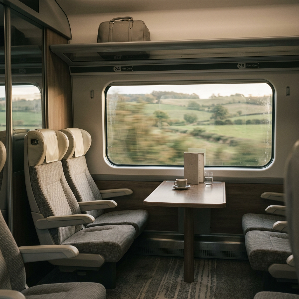 Intérieur d’un wagon de train vu depuis une fenêtre