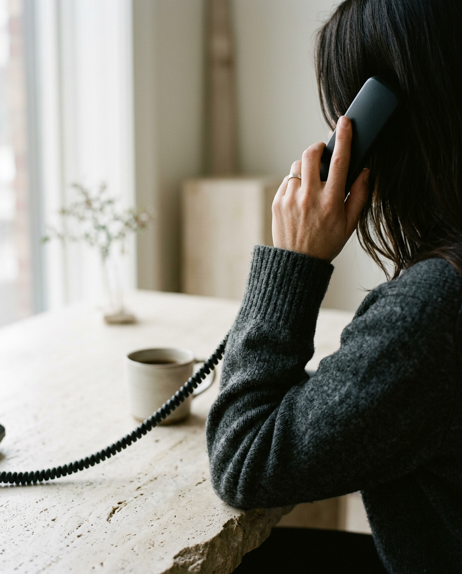 Une main décroche un téléphone sur un bureau en pierre