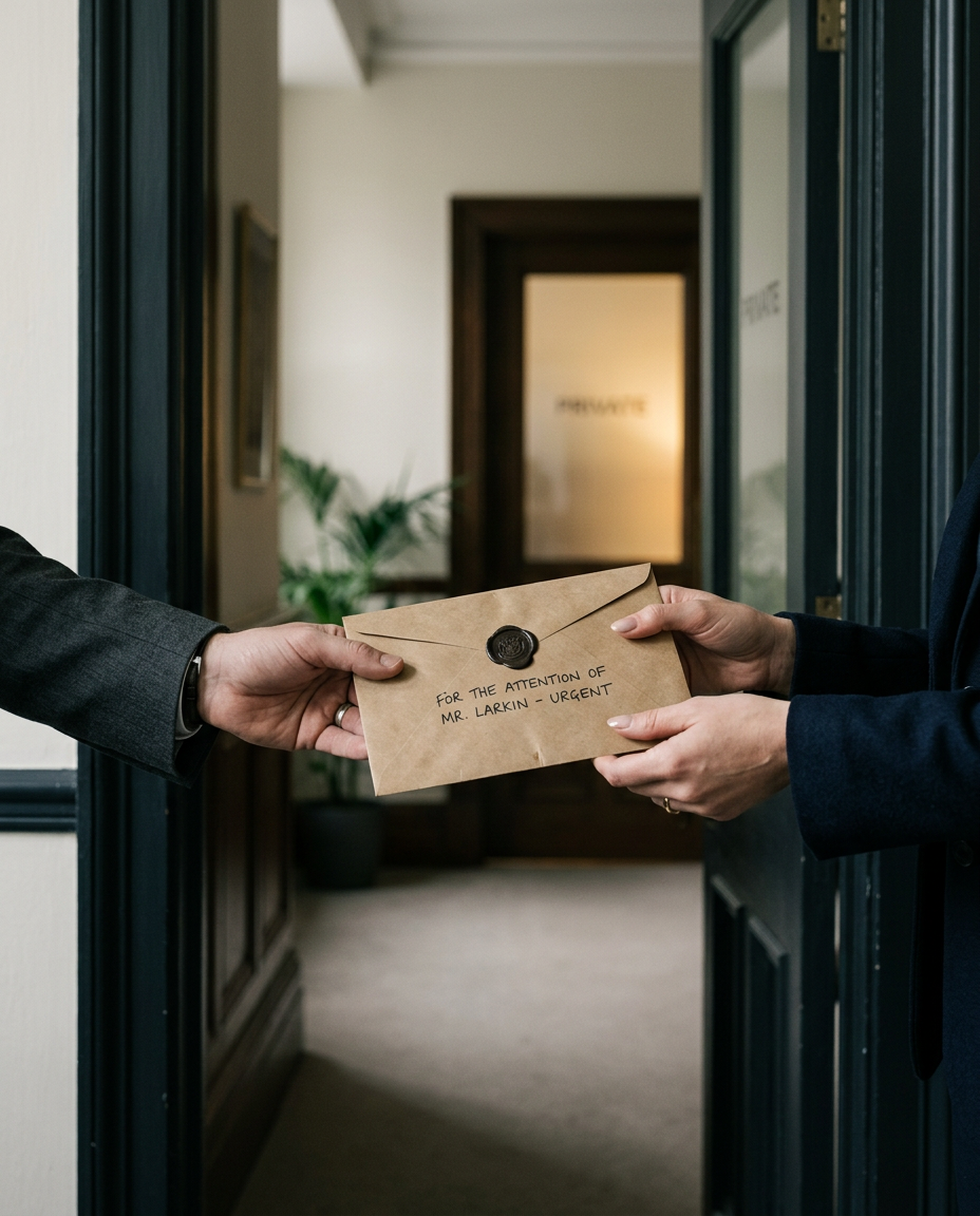 Un pli remis en main propre à la porte d’un bureau