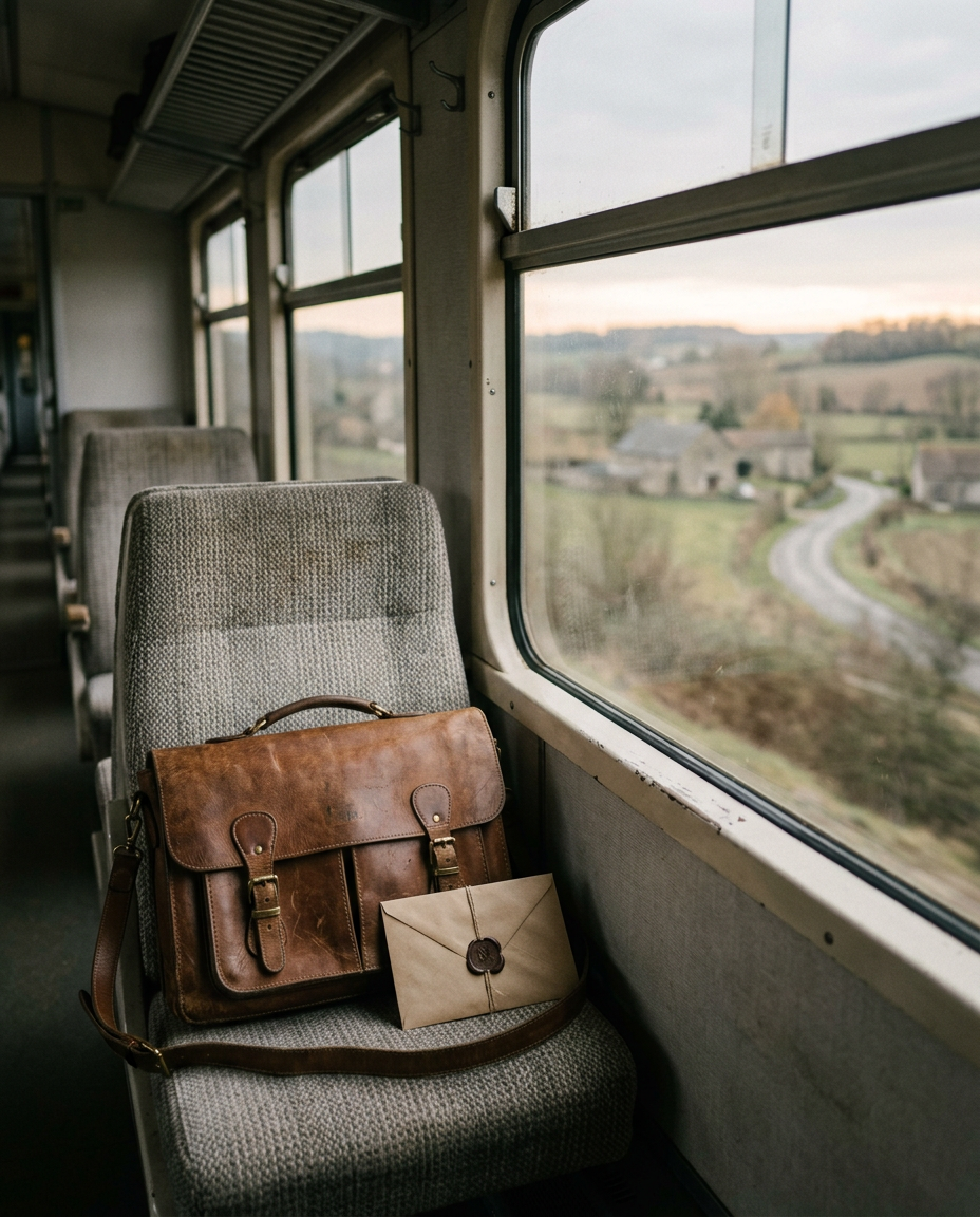 Une sacoche en cuir et un pli posés sur une banquette de train